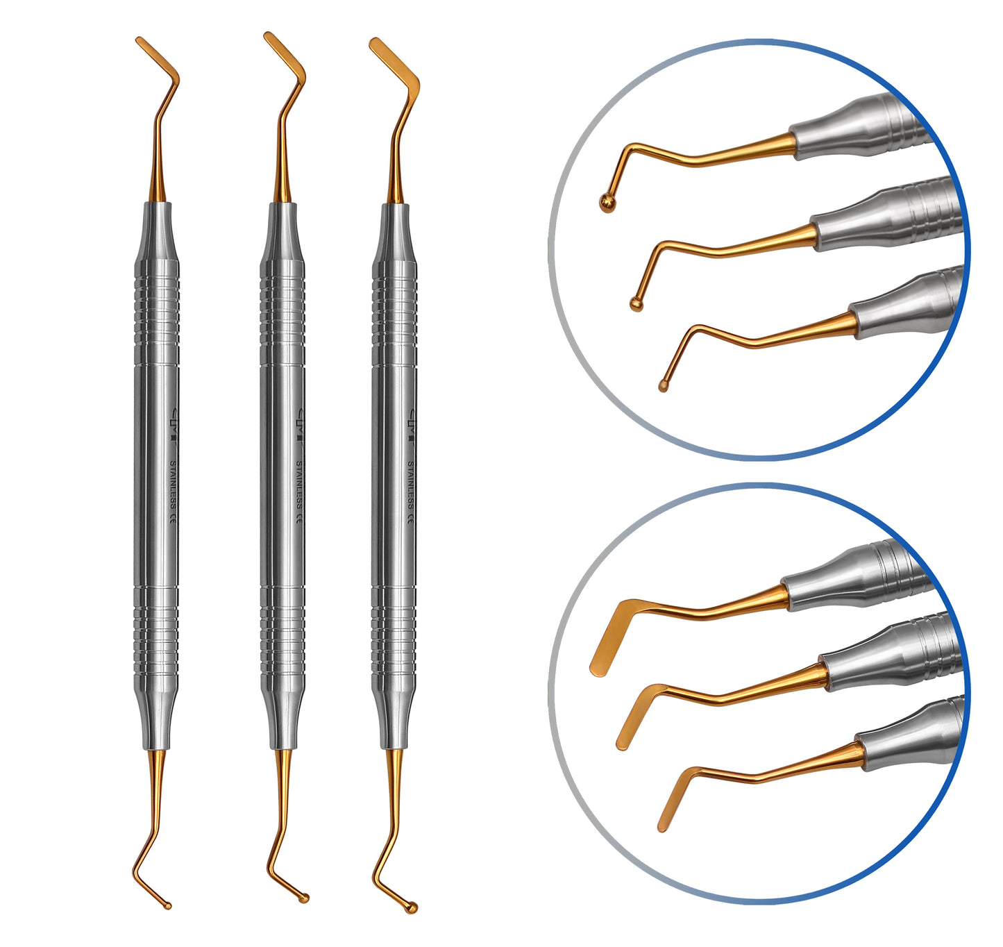 3 Pcs Dental Composite Filling Instrument Gold Titanium Coated 8 MM Handle